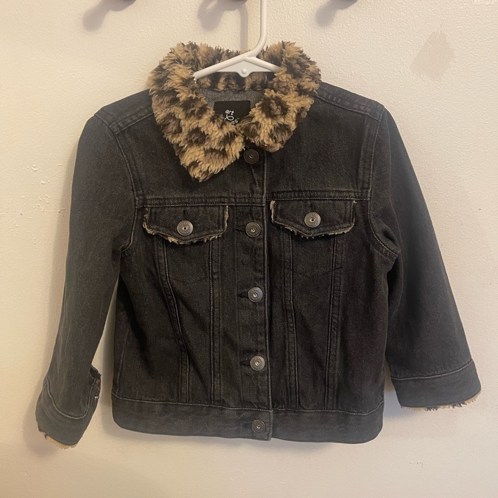 Black Denim Jacket with Animal Print Collar